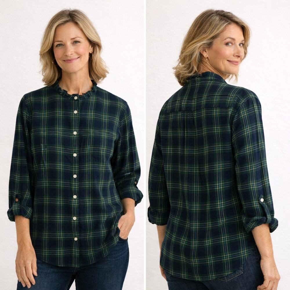 Talbots Woman 20WP Green Blue Tartan Plaid Button Up Shirt Ruffled Long Sleeve
